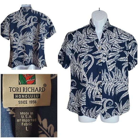 Tori Richard Hawaiian Camp Shirt Size Large Leaf Blue Button Up Short Sleeve - Picture 8 of 9